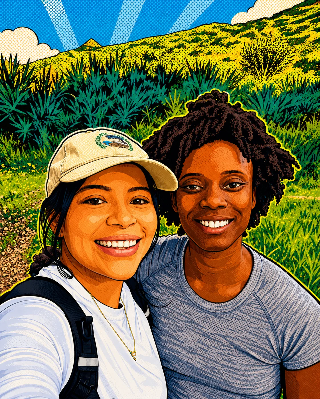 Illustrated portrait of Oma's two founders smiling together on a hillside trail.